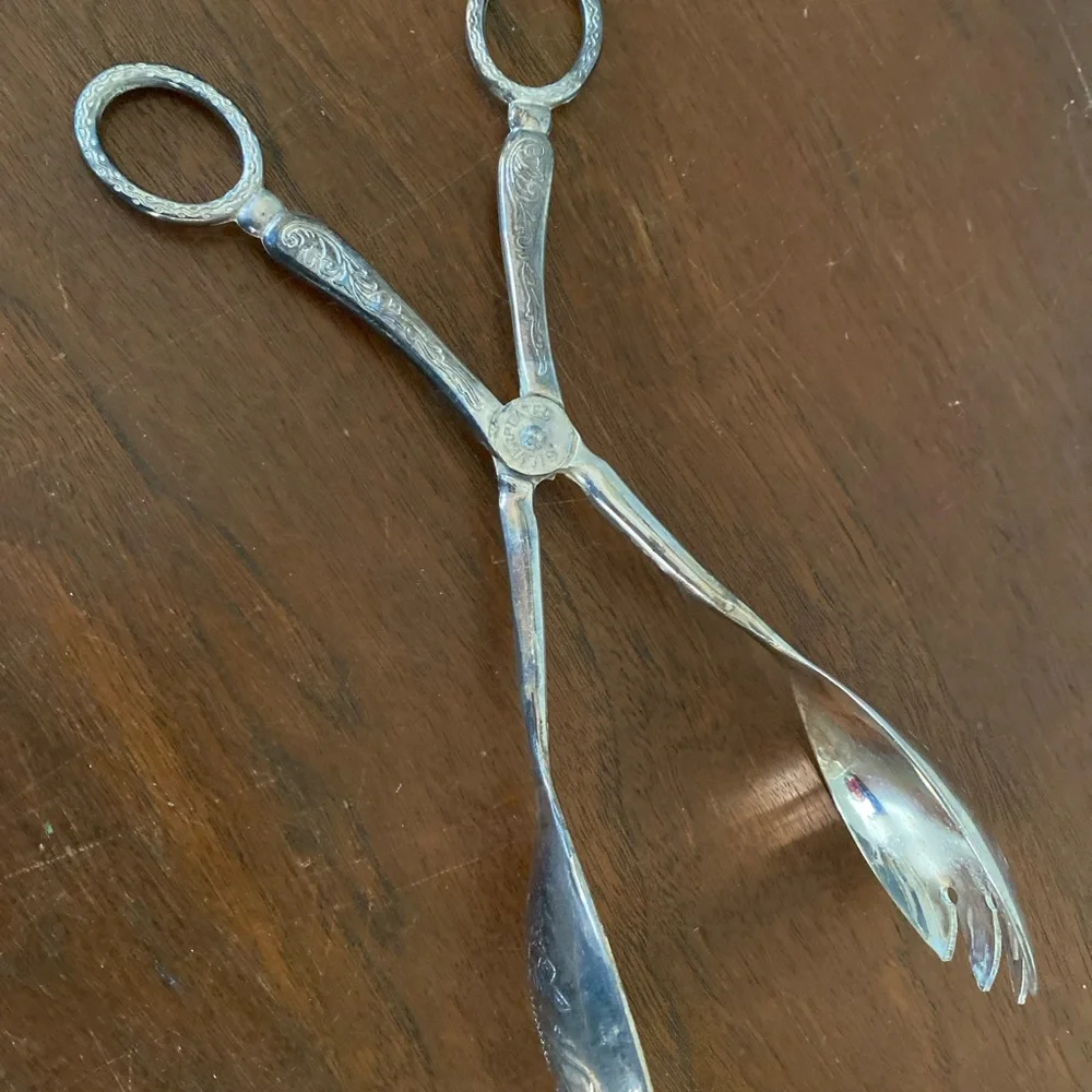 Vintage Silver plated Serving Tongs scissor style w/ fruit design spoon & spork